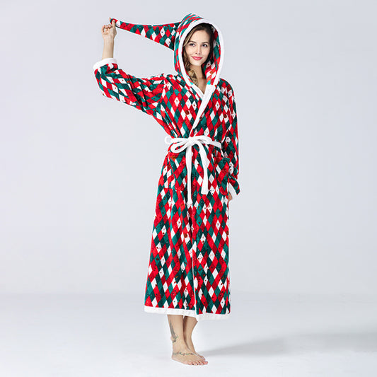 Christmas Sleepwear Winter Women Fleece Hooded Long Bathrobe