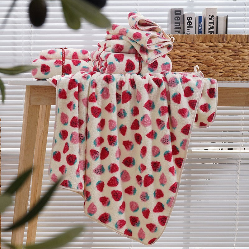 Coral Fleece Strawberry Towels Suit