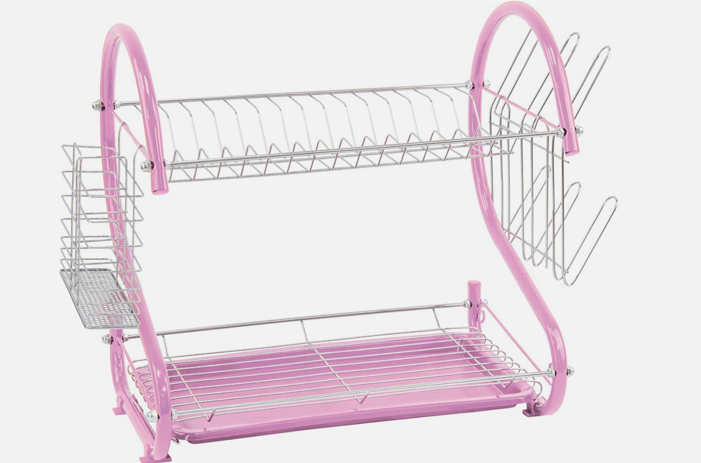 Durane 2 Tier Dish Drainer PINK Anti Slip Chrome Finish With Cutlery  Mug Holder