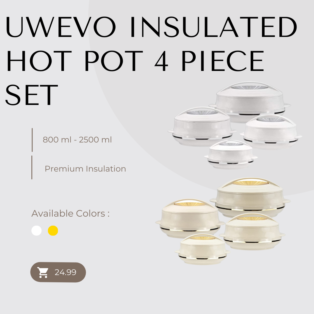 UWEVO 4 PC White/silver Beige/Gold Insulated 800ml - 2500ml Food Warmer Hot Pot