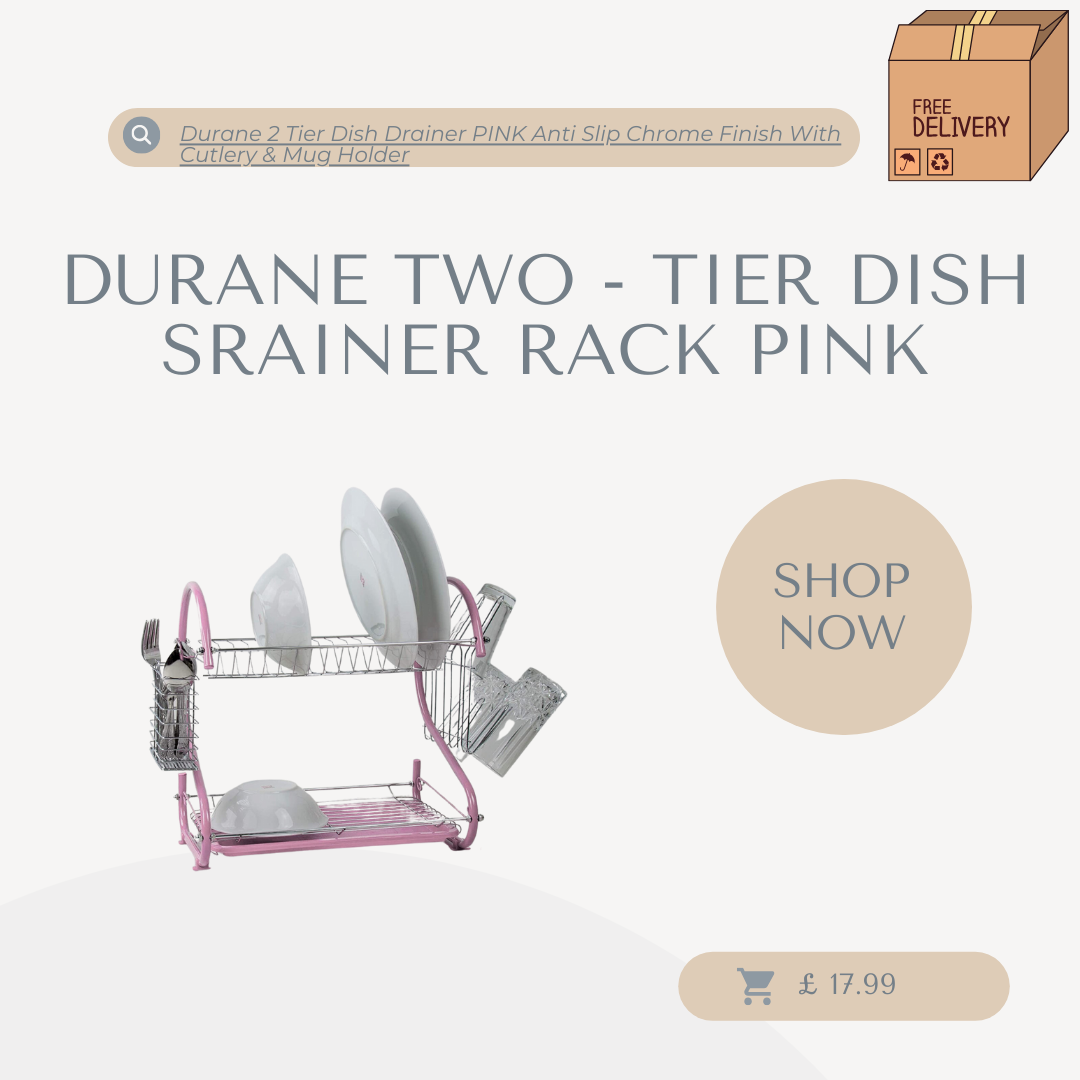 Durane 2 Tier Dish Drainer PINK Anti Slip Chrome Finish With Cutlery  Mug Holder