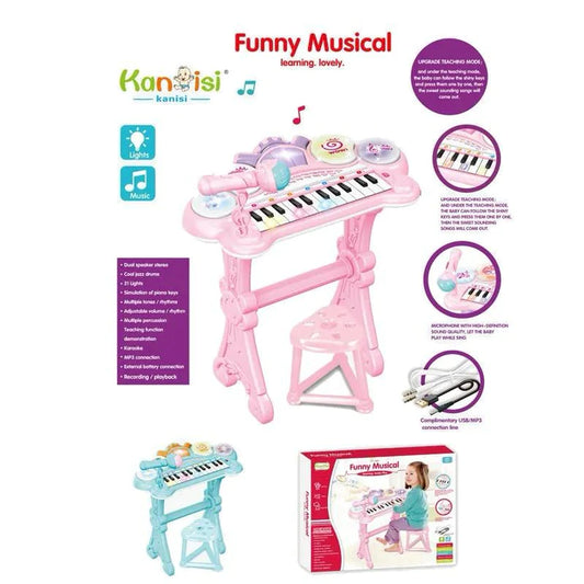 Kids Piano and Drum Set with Microphone & Stool 