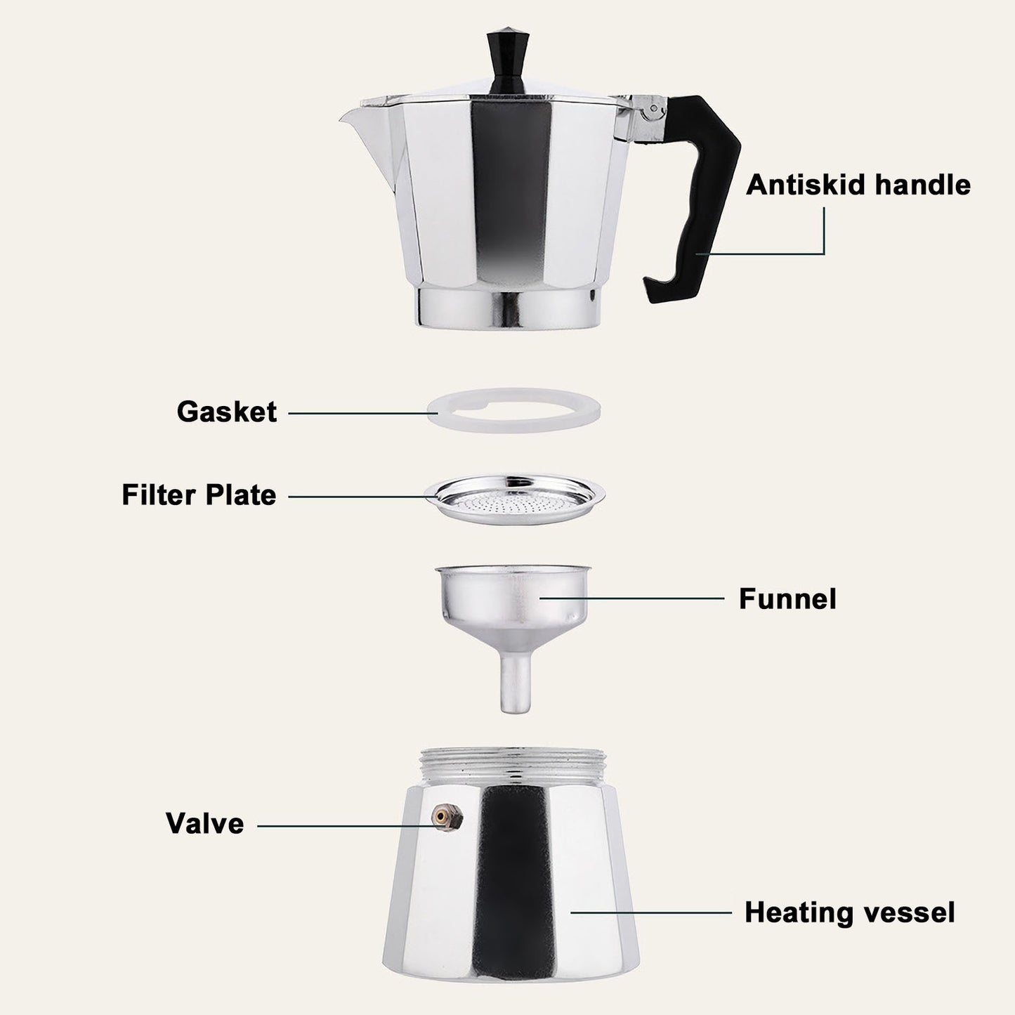 Stovetop Espresso Maker 180ml For 3 Cups Espresso, Italian Moka Pot Coffee Maker, Silver