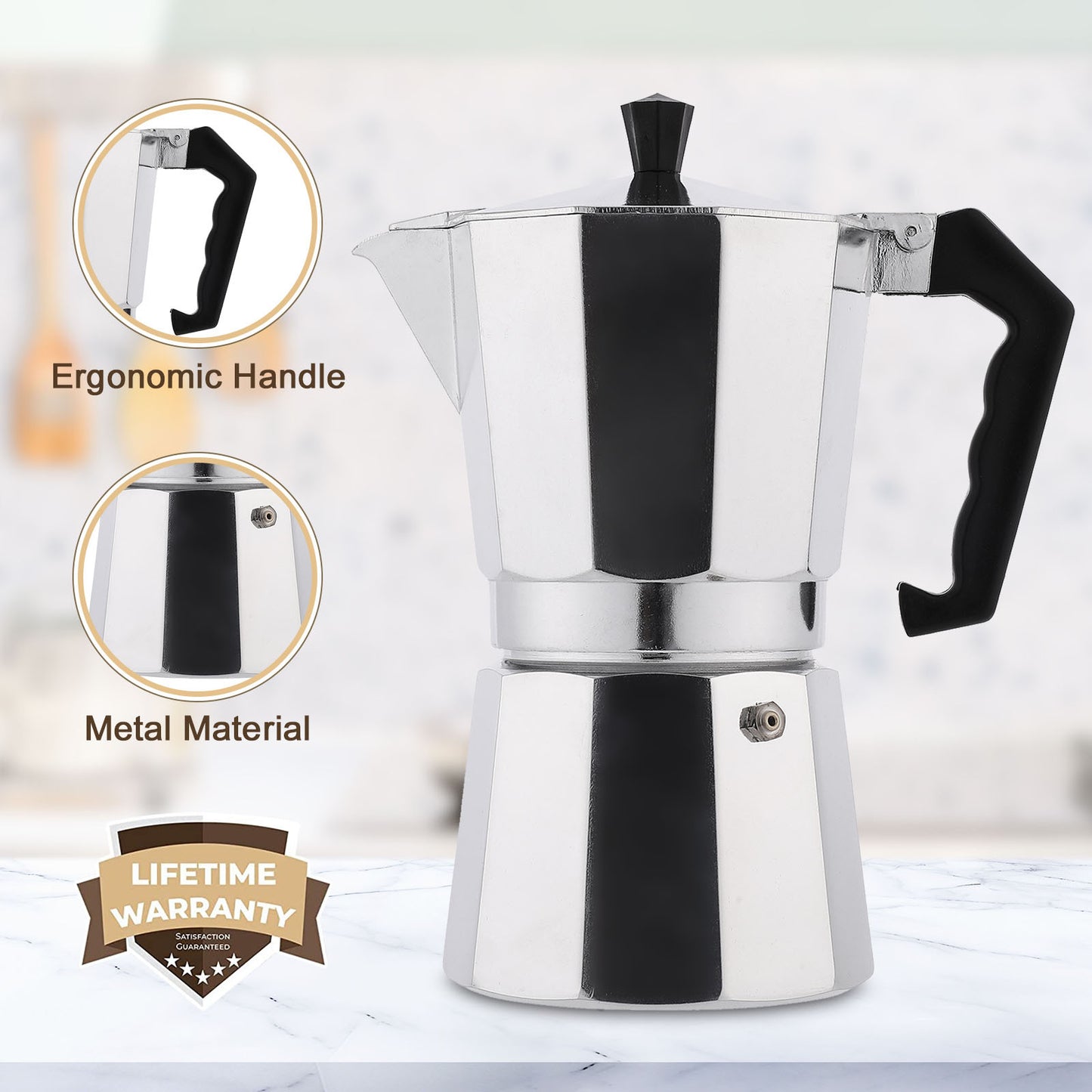 Stovetop Espresso Maker 180ml For 3 Cups Espresso, Italian Moka Pot Coffee Maker, Silver