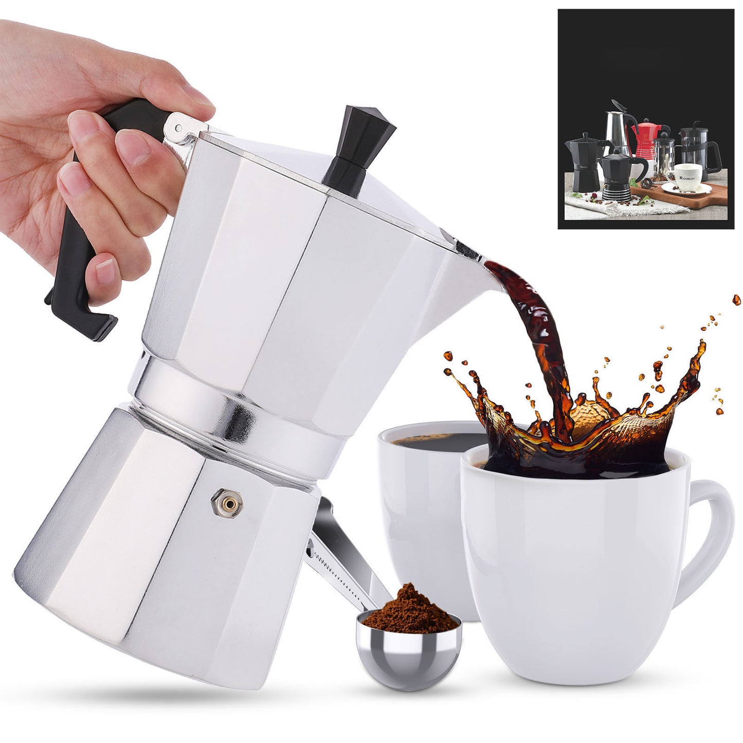 Stovetop Espresso Maker 180ml For 3 Cups Espresso, Italian Moka Pot Coffee Maker, Silver